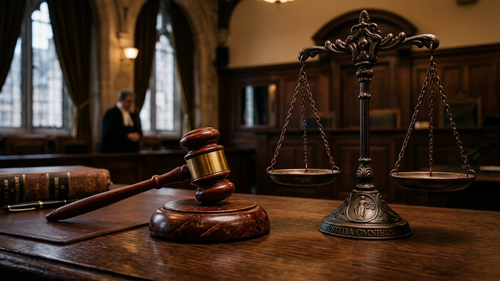 Balanza de bronce Justitia Omnibus y mazo judicial en estrado de audiencia